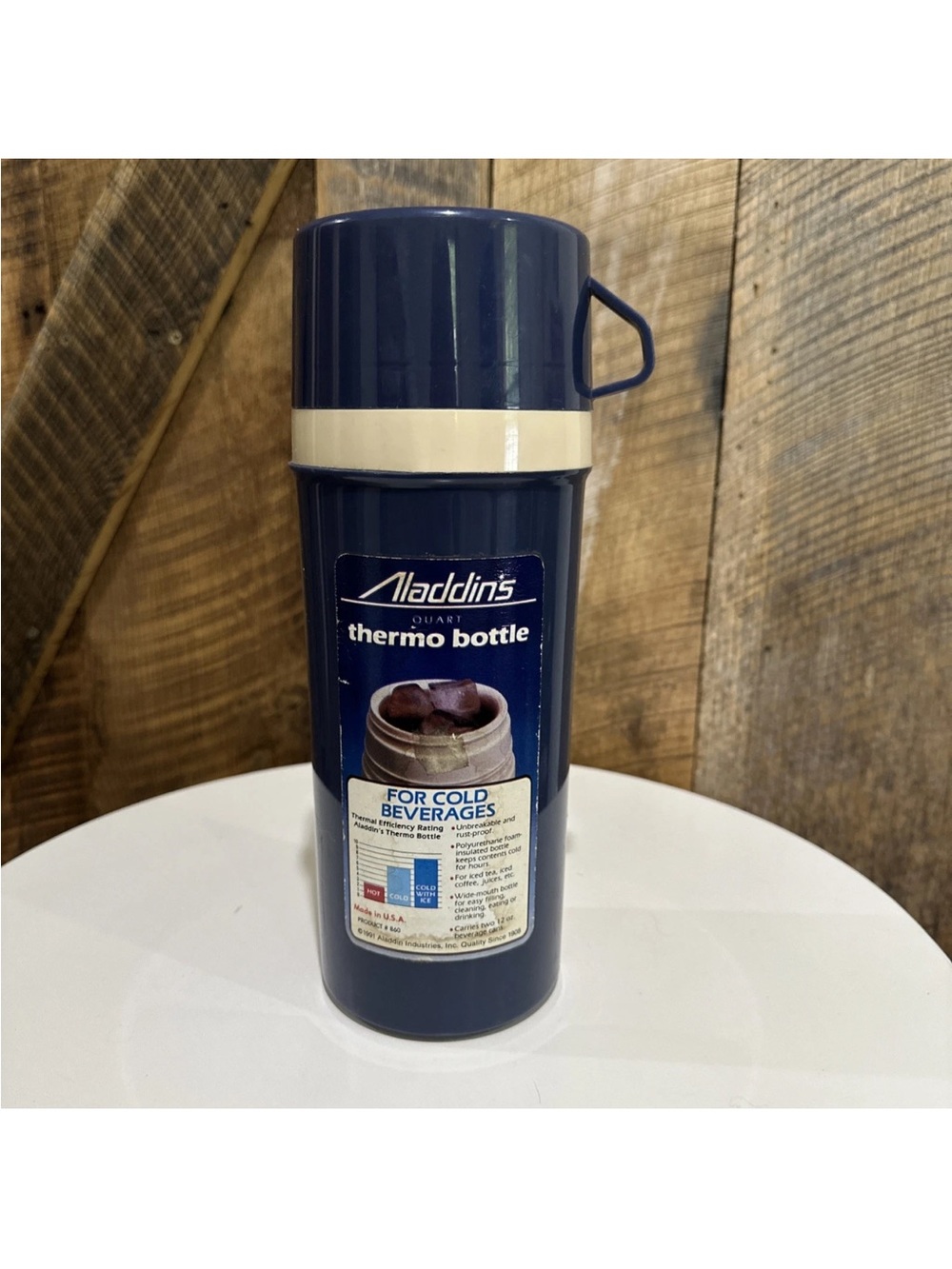 Vintage 1991 Aladdin’s Thermo Bottle Blue for Cold Beverages made in USA